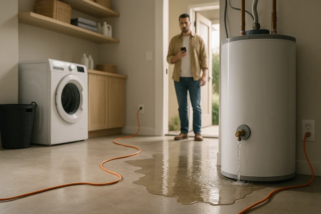 Leaking water heater floods a utility room floor near an electrical outlet and extension cord while a homeowner stands safely in the doorway holding a phone.