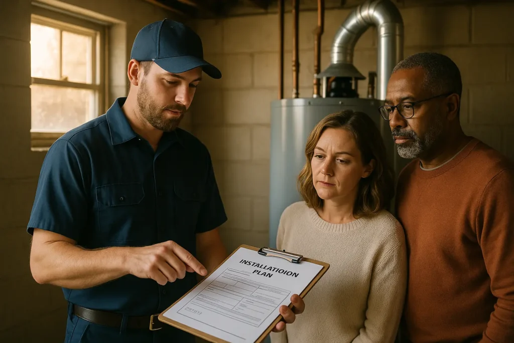 Licensed plumbing contractor reviews a water heater installation plan with homeowners in a Kansas City utility room, with modern water heater, routed venting, and permit documents nearby.