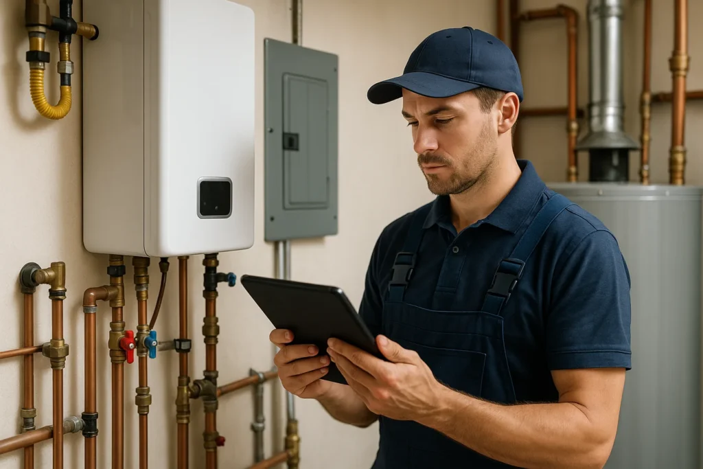 Qualified plumber reviews household hot-water demand on a tablet beside a wall-mounted tankless water heater, electrical panel, gas line, organized pipes, and a conventional water heater.