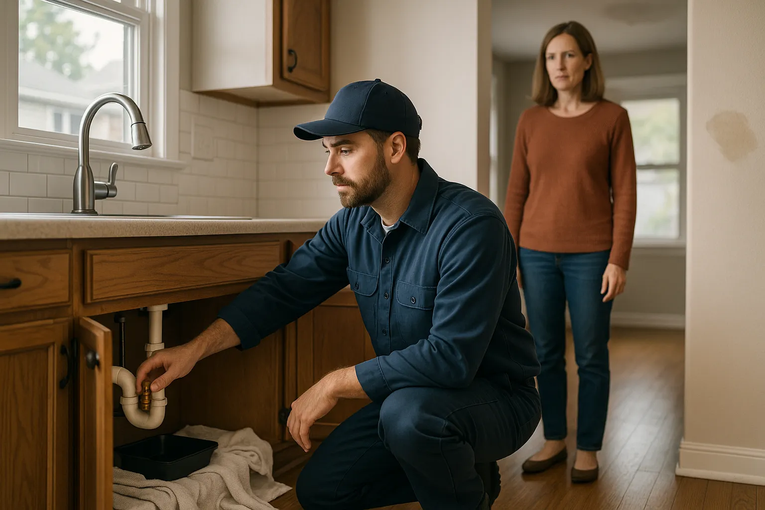 Kansas City plumbing professional kneels beneath a kitchen sink, turning a shutoff valve as towels and a catch pan contain a minor leak while a homeowner watches nearby.