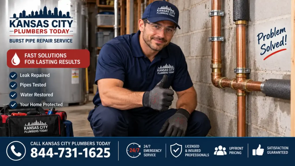 a plumber from Kanas City Plumbers Today on a burst pipe emergency repair in Kanas City