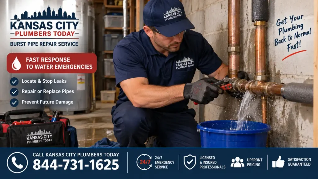 a plumber from Kanas City Plumbers Today on a burst pipe emergency repair in Kanas City