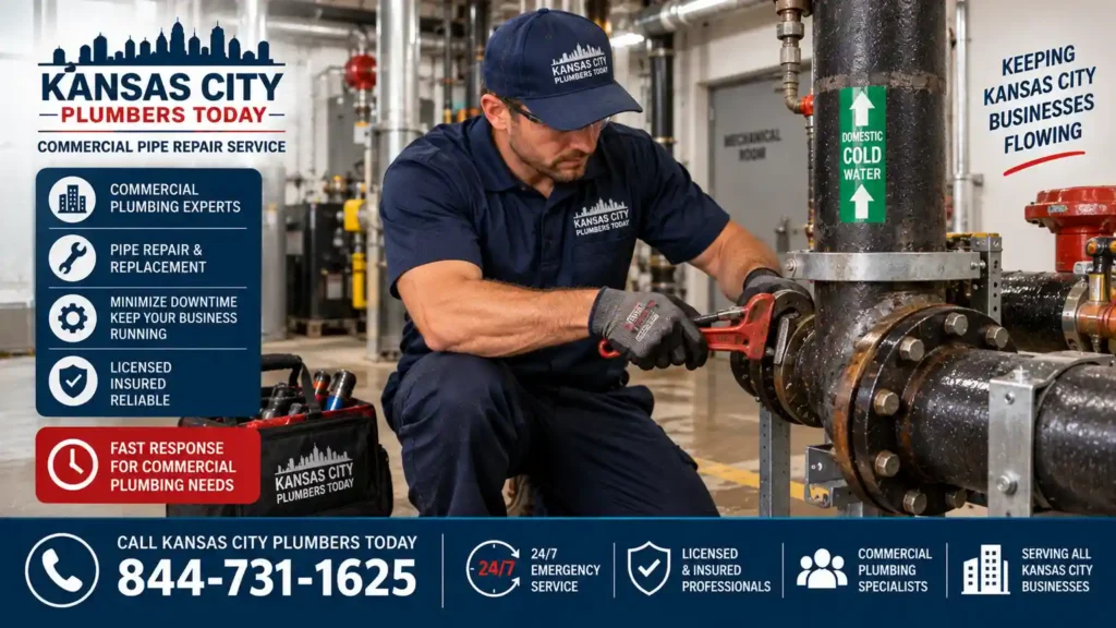 a commercial plumber from Kanas City Plumbers Today on a commercial pipe emergency repair